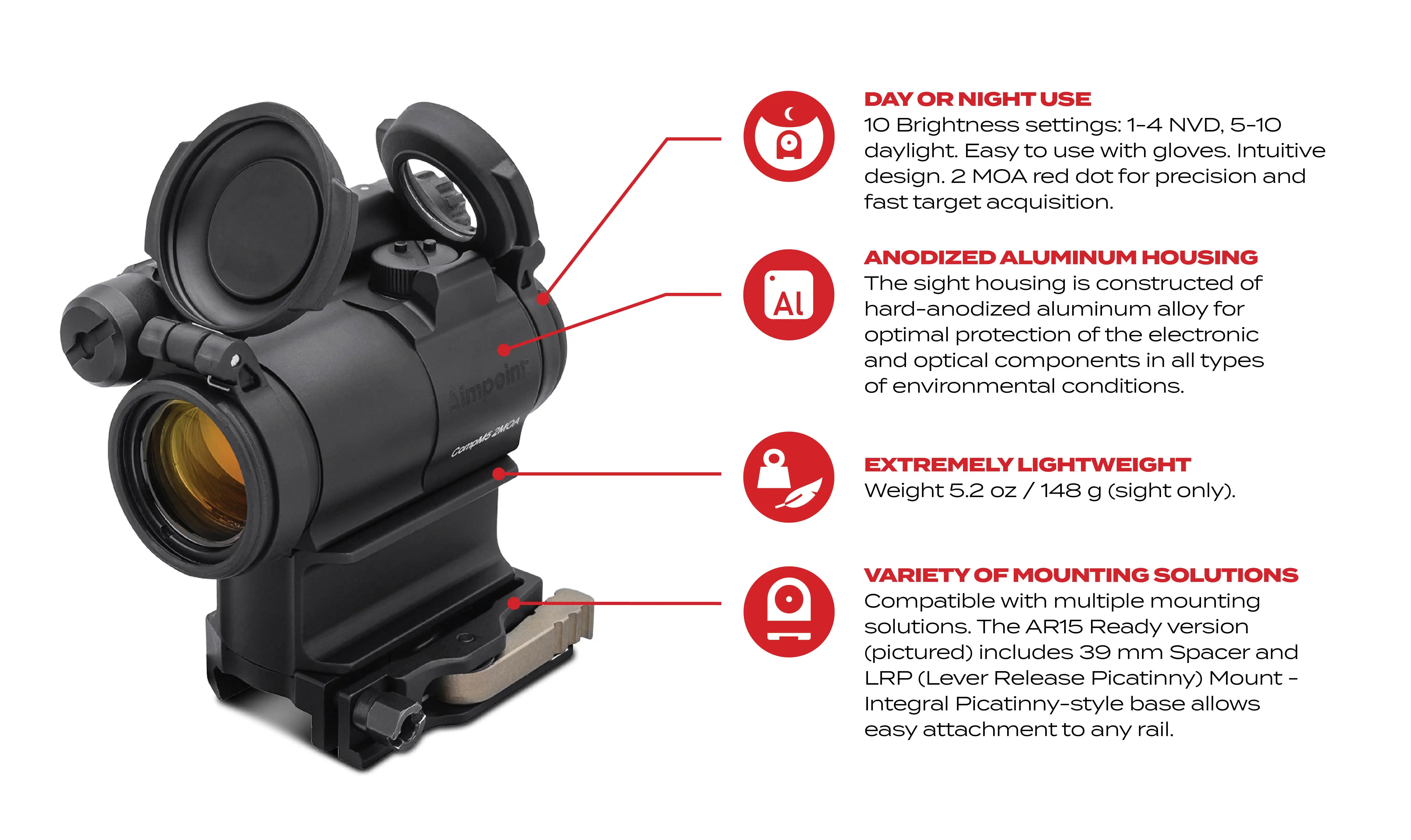 Mira réflex de punto rojo ArrowOptic® AimPoint CompM5 de 2 MOA